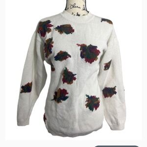 Milano Women's Crew Neck Sweater - White with Multicolor Leaf Pattern